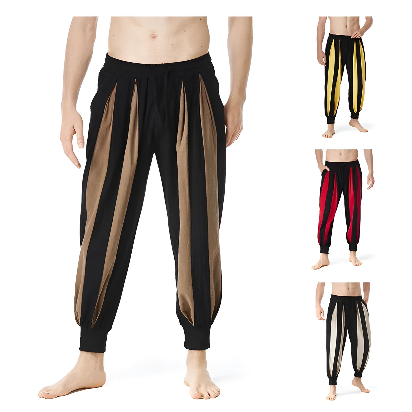 Men's straight-leg casual trousers in brown, khaki, red, and yellow colours for spring.