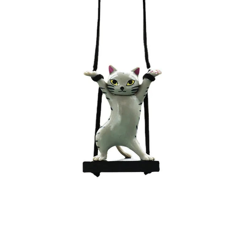 Cartoon-style resin cat pendant on adjustable rope for car interior decoration