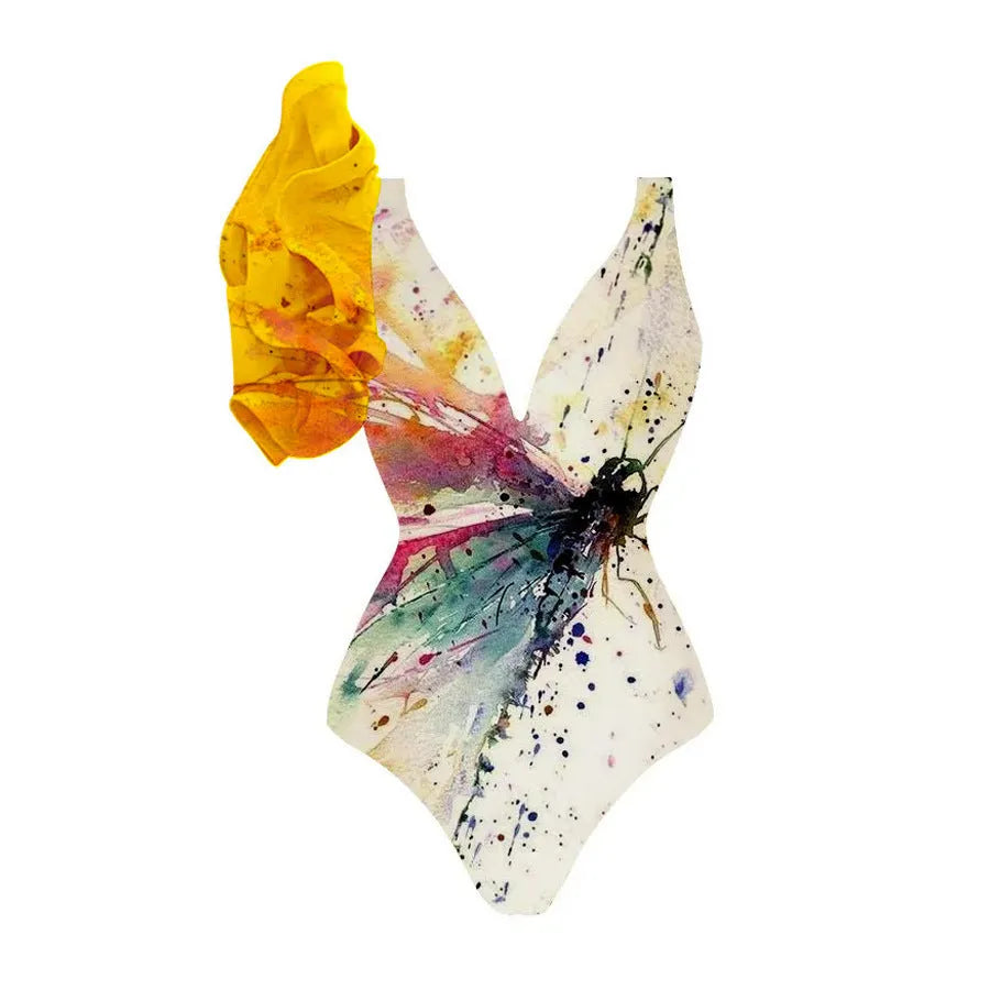 Yellow women's one-piece nylon swimsuit with belly cover, sleeveless, available in sizes S to XL