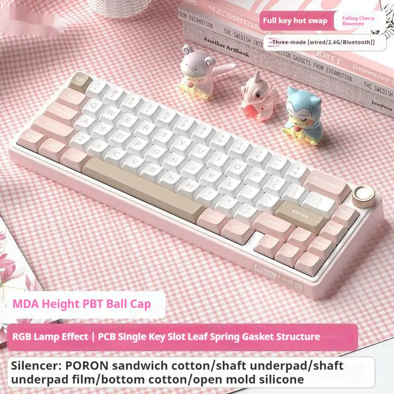 Wireless mechanical keyboard with RGB backlighting in a white colour option on a desk.