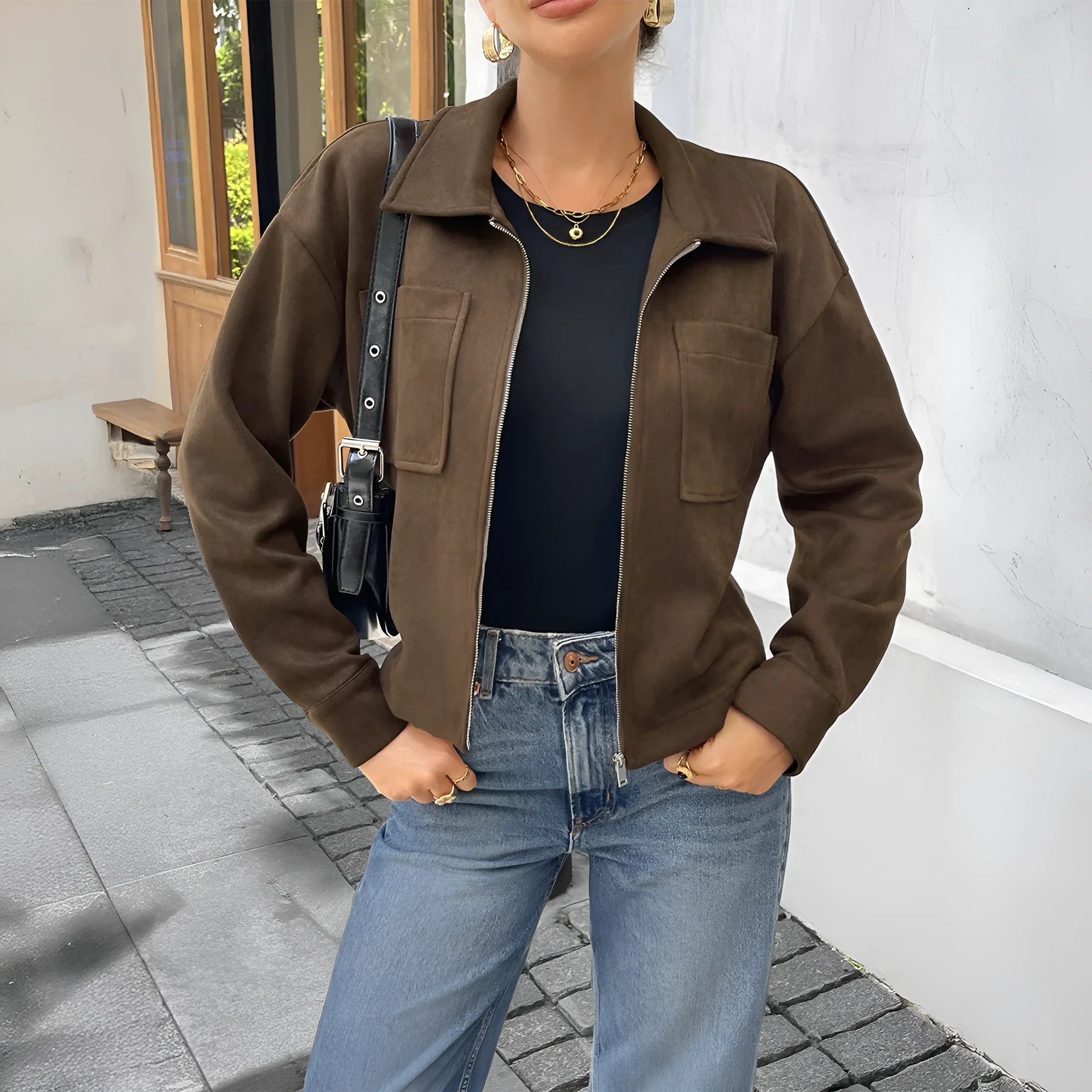 Women's turn-down collar long sleeve jacket coat in brown polyester fabric