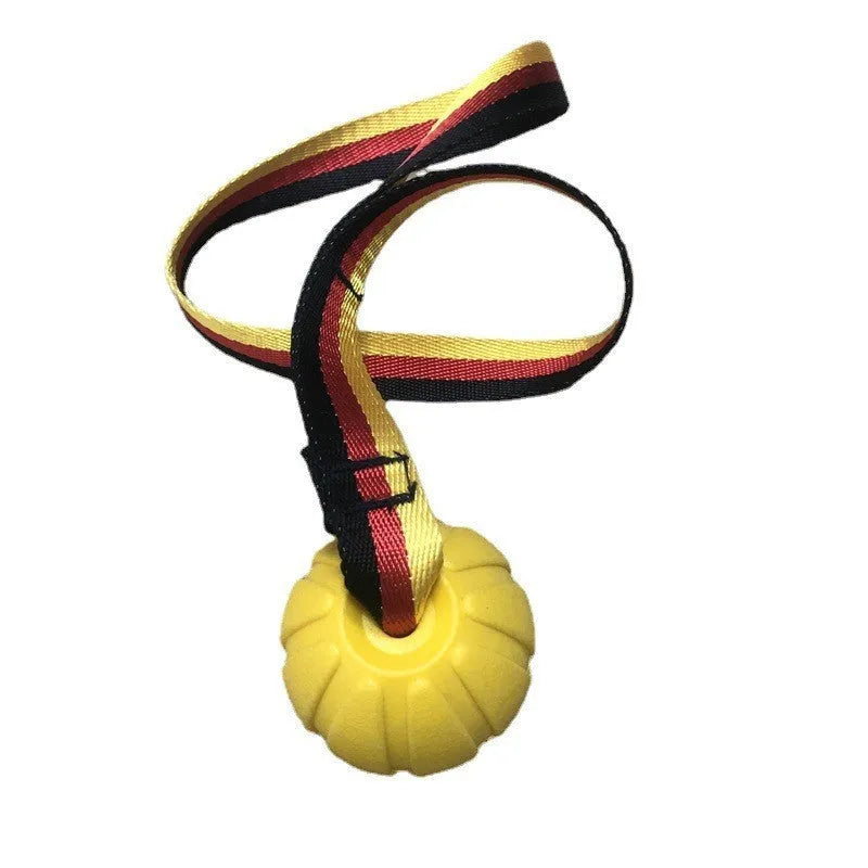 Floating camouflage and yellow EVA string ball dog toy shown in 6.5cm, 7cm and 9cm diameter sizes