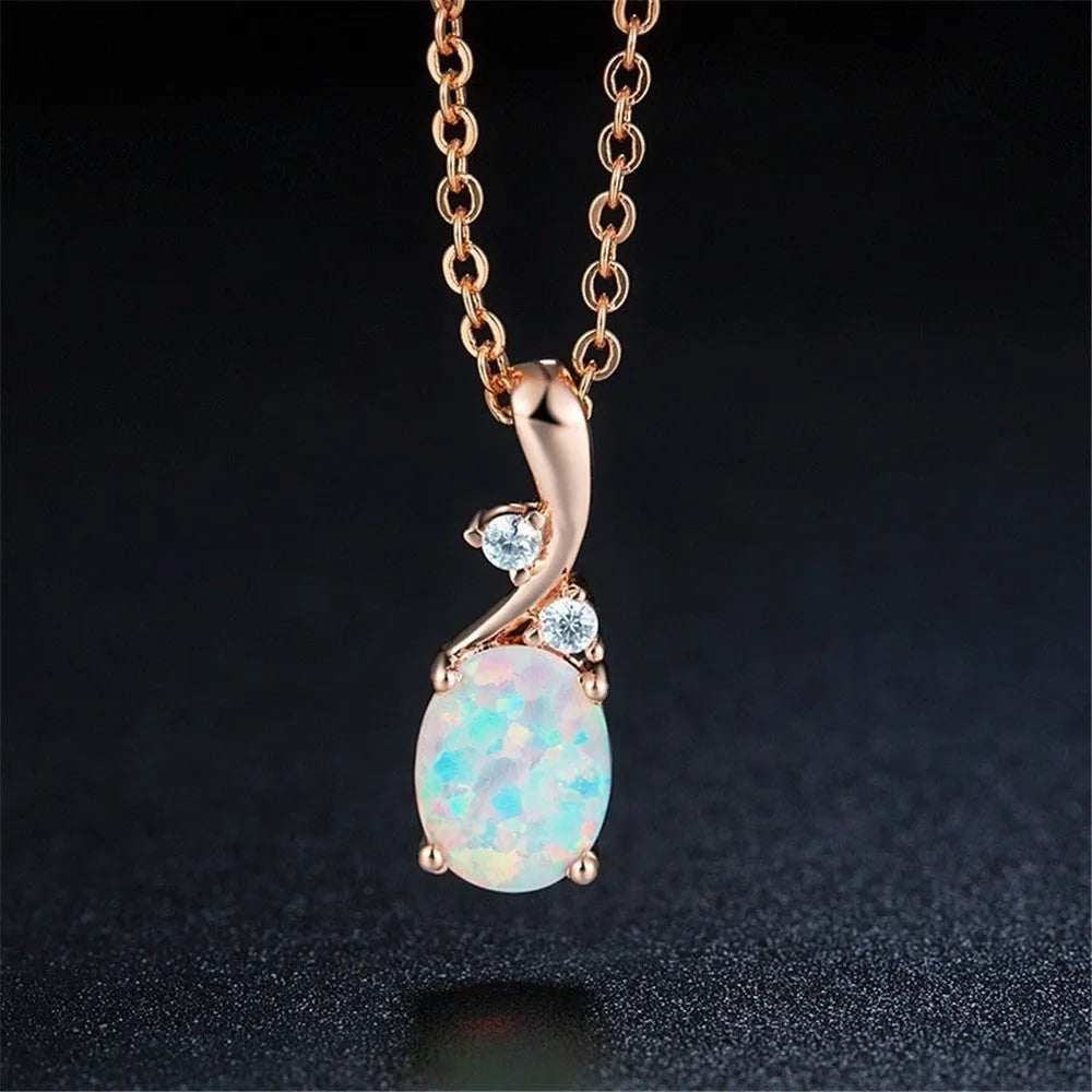 Water drop shaped opal pendant necklace on adjustable O-shaped alloy chain in rose gold or white finish