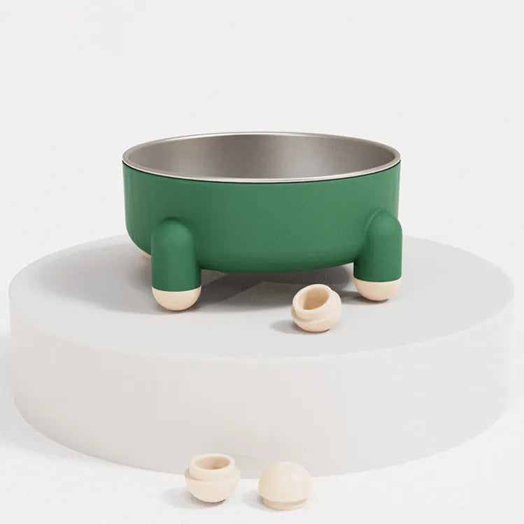 Non-slip stainless steel pet food bowl with high foot in green, pink, and white colour options