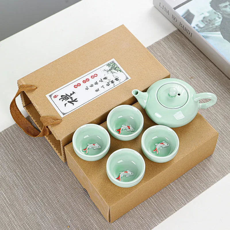 Ceramic celadon portable tea set with teapot and six cups in modern simple style