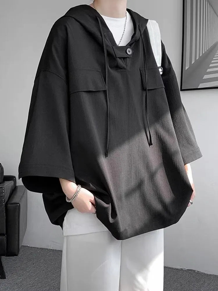Men's hooded short sleeve T-shirt in polyester fabric with loose fit design