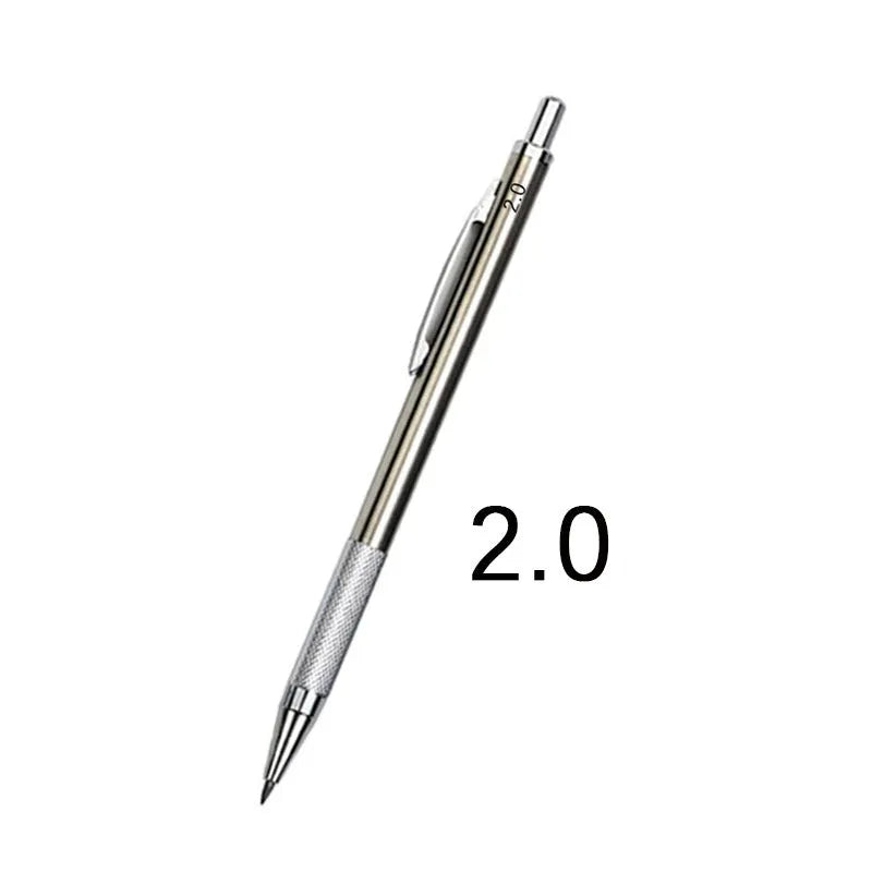 A metal mechanical pencil for drafting and writing with multiple lead size options.