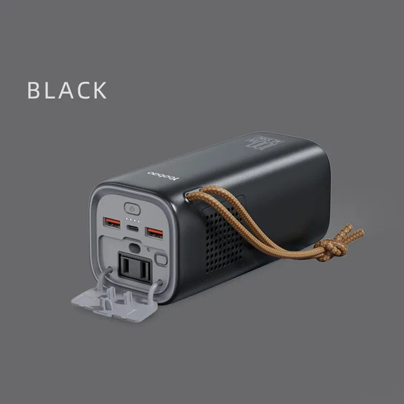 Black emergency power bank with solar panel, 200W output, and compact 70x70x162mm dimensions
