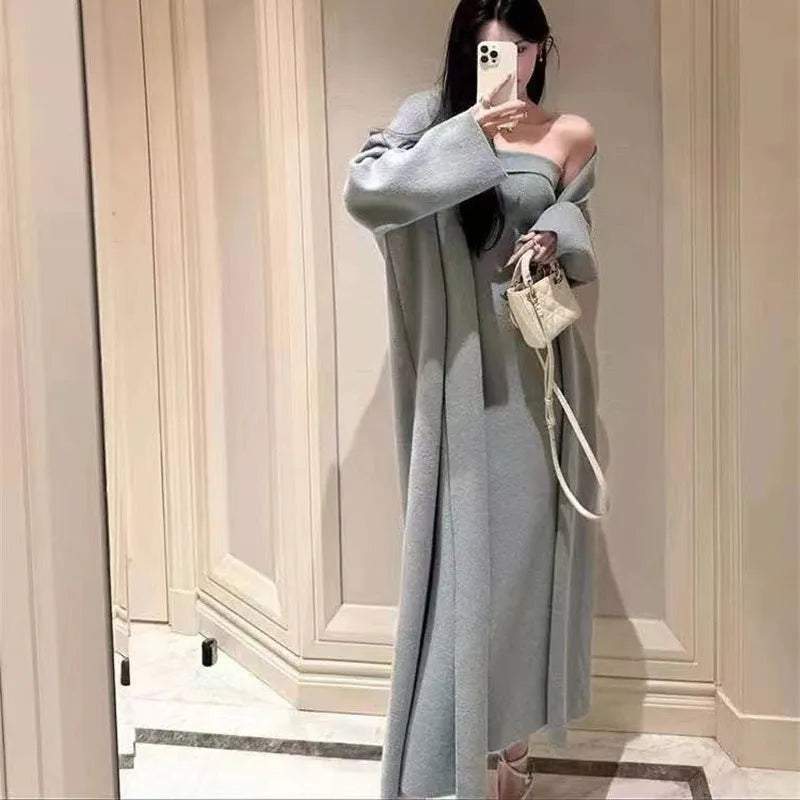 Women's grey knitted cardigan dress and coat two-piece suit set with flocking detail