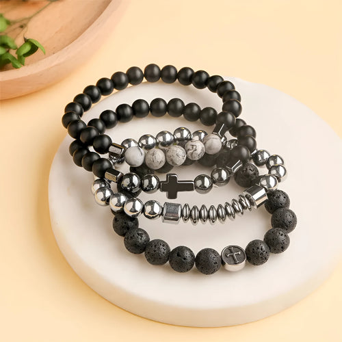Volcanic rock colour agate bracelet with stainless steel geometry chain, showing 10mm bead size