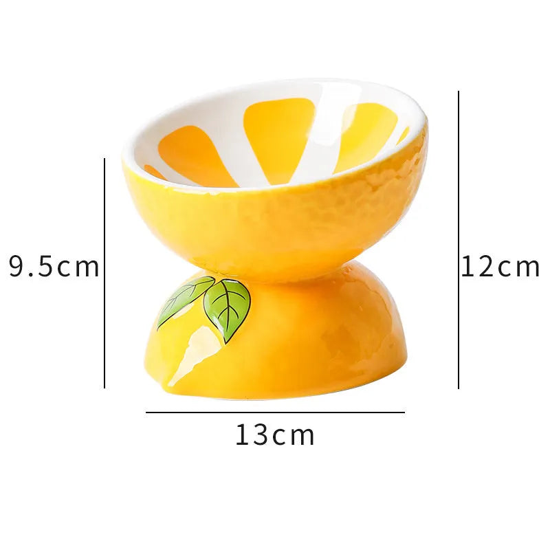 Ceramic raised cat bowl with tilted design in orange, pitaya or watermelon pattern.