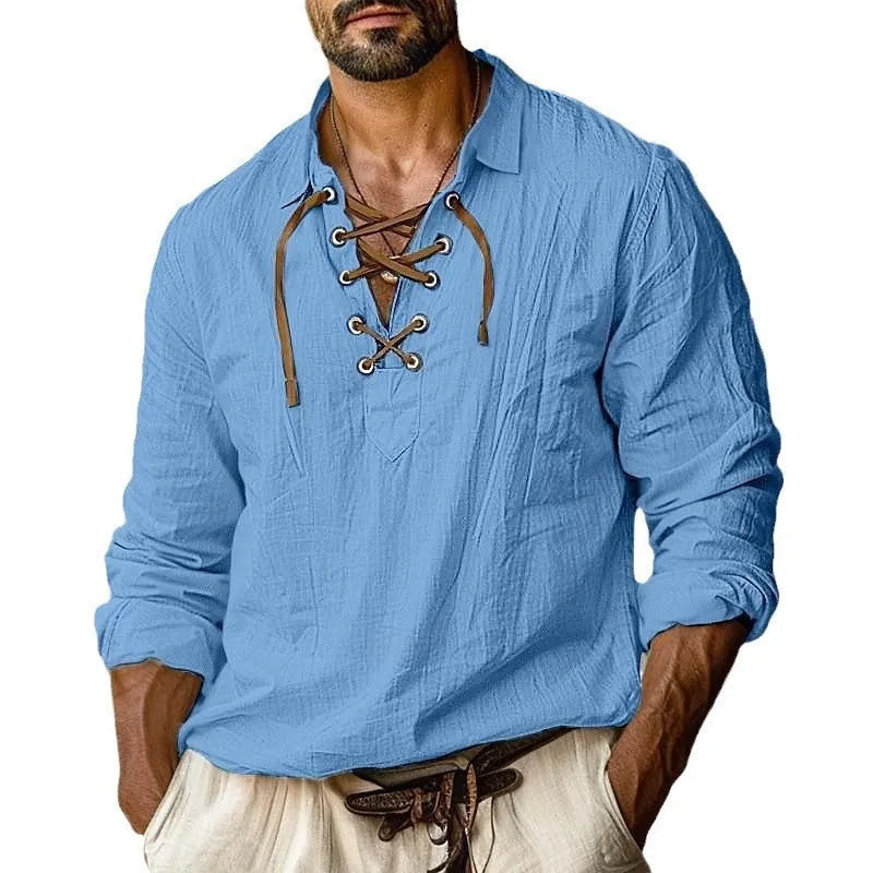 Men's loose fit linen blend shirt with lace detail on lapels, in solid blue colour.