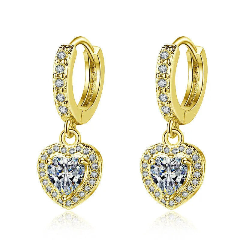 Copper inlaid zircon love earrings heart shape women electroplating white gold yellow gold Korean style