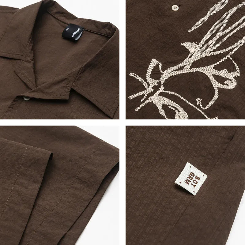 Brown striped outdoor shirt with Cuban collar and short sleeves for mountain camping