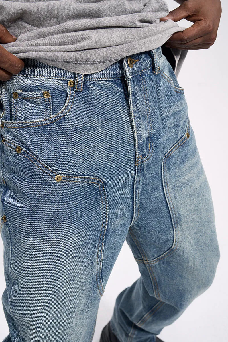 Men's casual western vintage jeans in washed blue, water-washed denim with zipper fly, front view