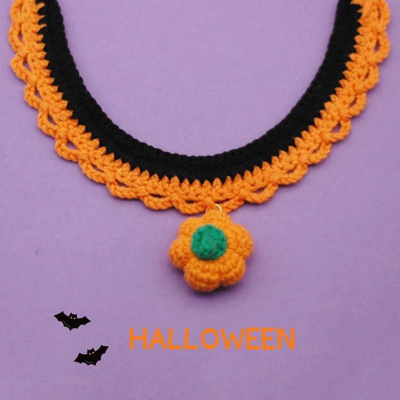 Hand-crocheted wool pet collar in pumpkin colours with adjustable sizing