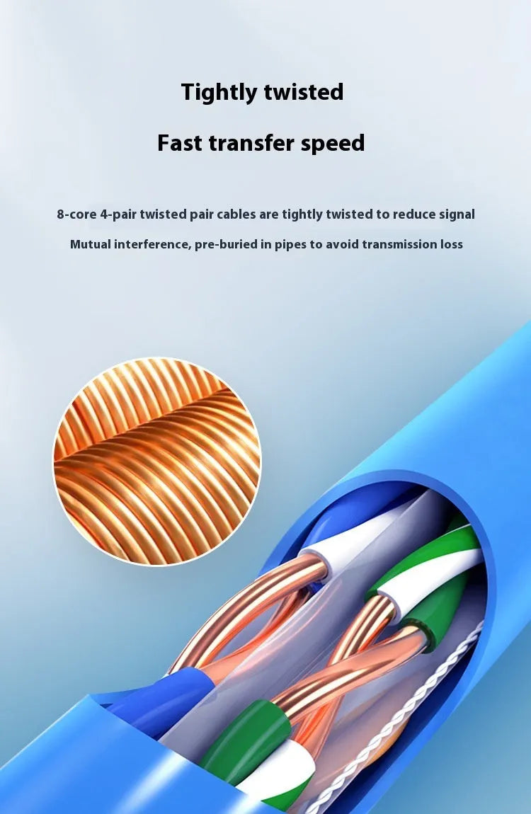 A blue reel of Cat 6a Ethernet cable with oxygen-free copper core, labelled 305 metres and 10Gb/s.