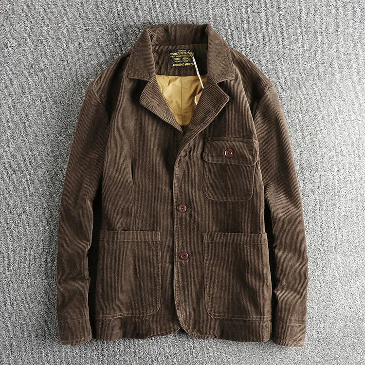 Heavy amekaji retro washed pure cotton corduroy casual jacket in brown, long sleeve, no hood