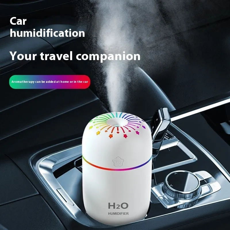 Compact white USB mini humidifier with 300ml water tank on desk beside laptop