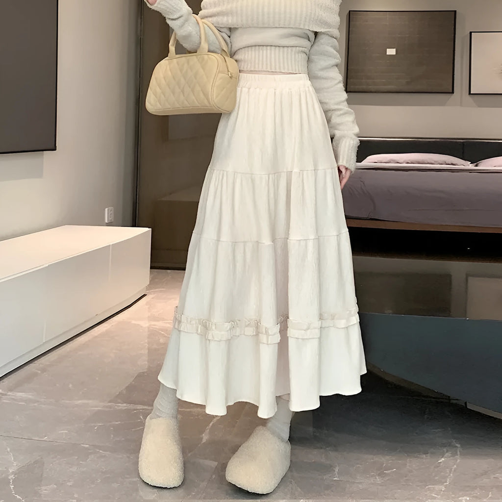 Women's solid colour corduroy A-line midi skirt with elastic waistband in milky white
