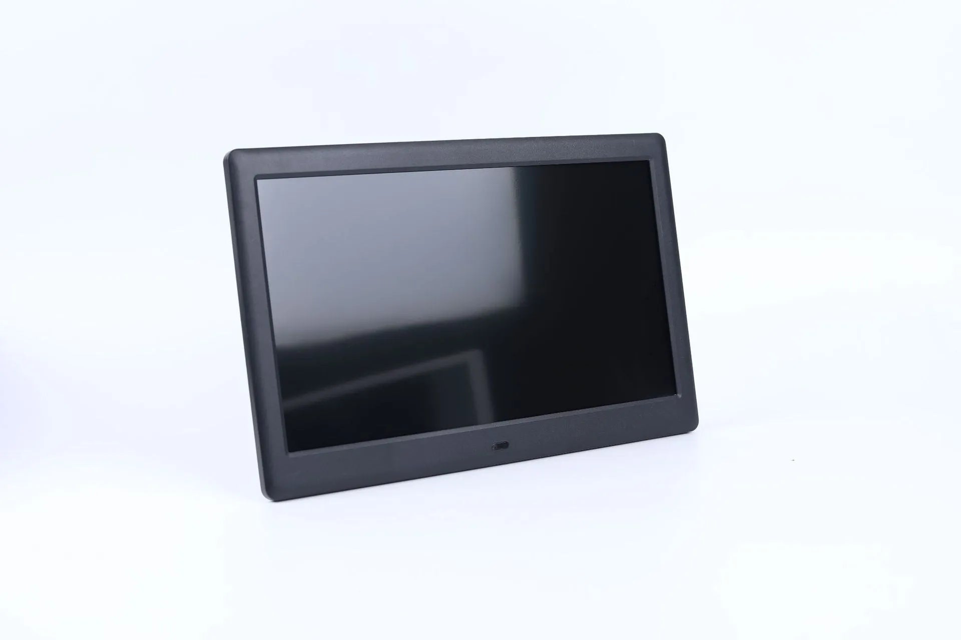 10 inch IPS digital photo frame in black with bracket showing a picture on screen