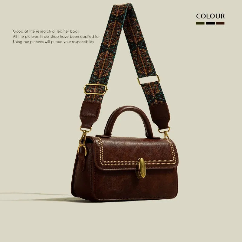 Brown retro messenger bag with square vertical shape showing mobile phone and file compartments