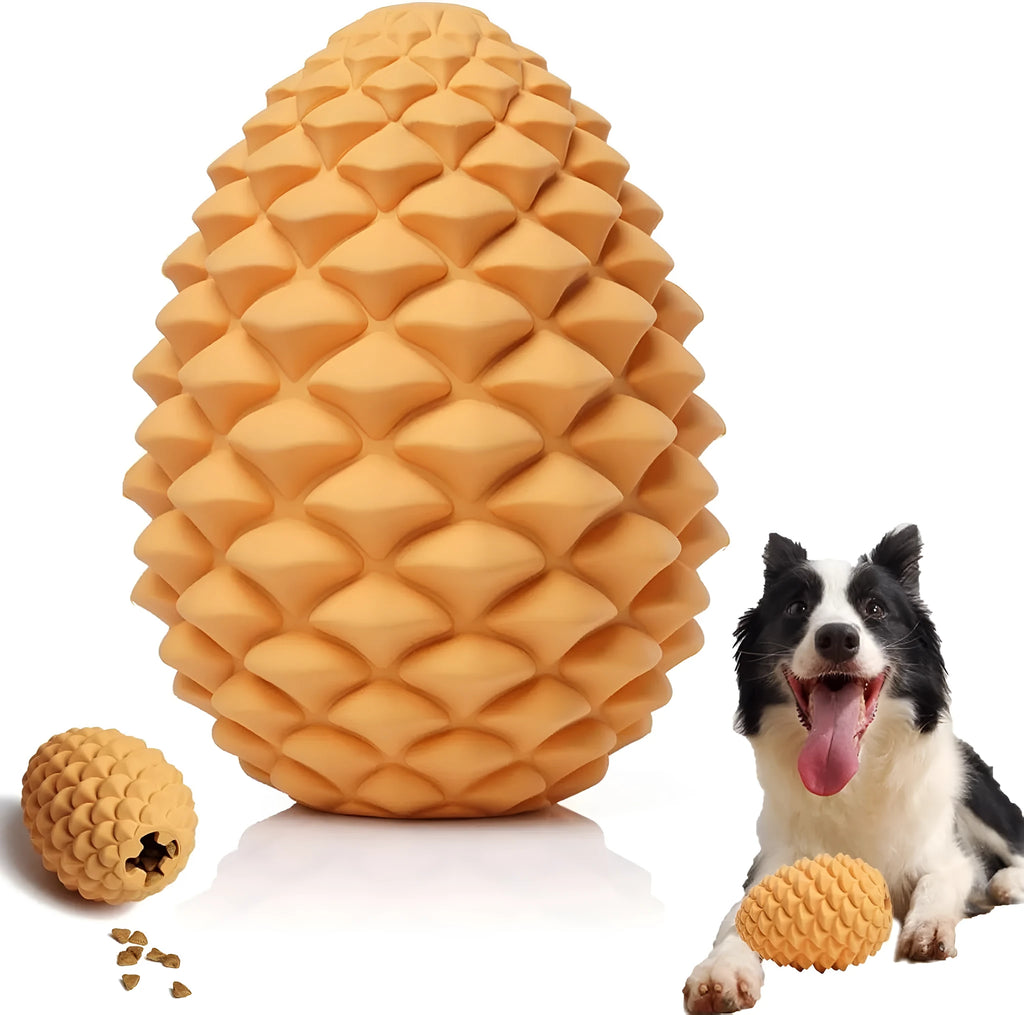 Yellow pine cone shaped natural rubber dog toy with treat dispenser for large breed dogs