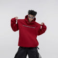 Men's red loose fit hooded sweater with heavy shoulder pads and metallic 3D printing detail.
