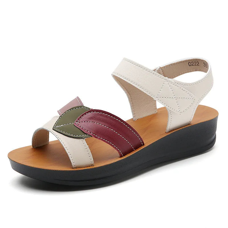 Women's summer thick-soled sandals with Velcro strap, round toe, and colour-blocking design in beige