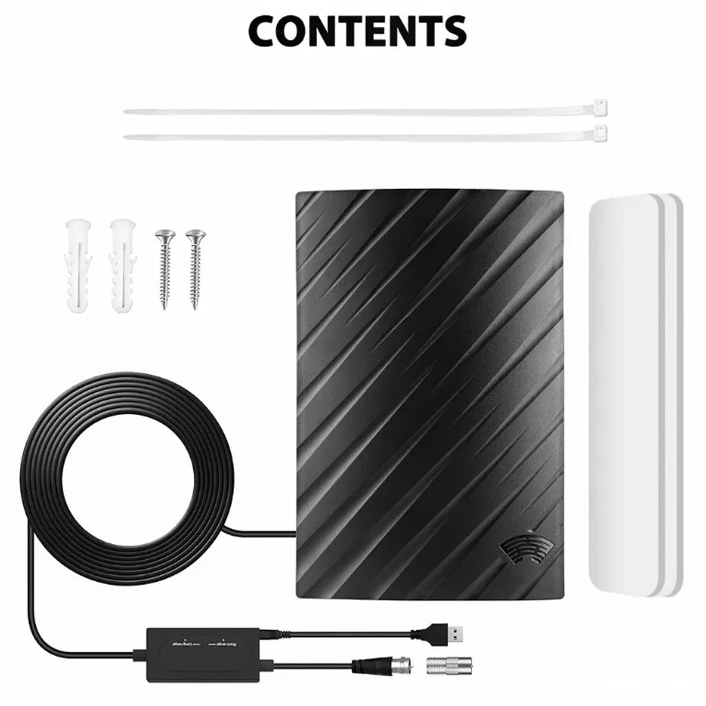 Black indoor digital TV antenna with mounting hardware including screws, adhesive tape and cable ties