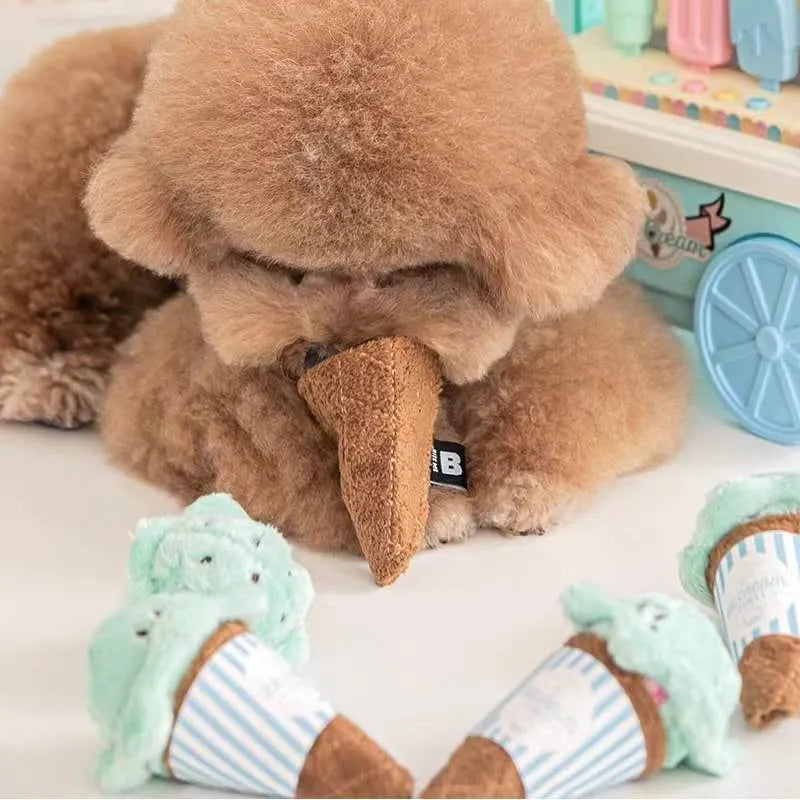 Fleece squeaky ice cream toy for dogs and cats in lake blue on a light background