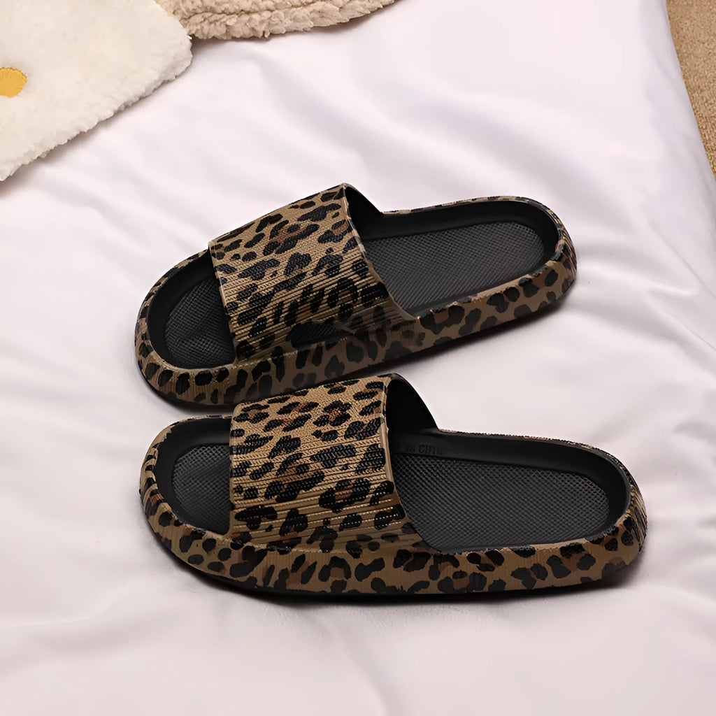 Leopard print slippers with thick EVA sole in black, pink, khaki, and white zebra patterns for women's indoor outdoor summer wear