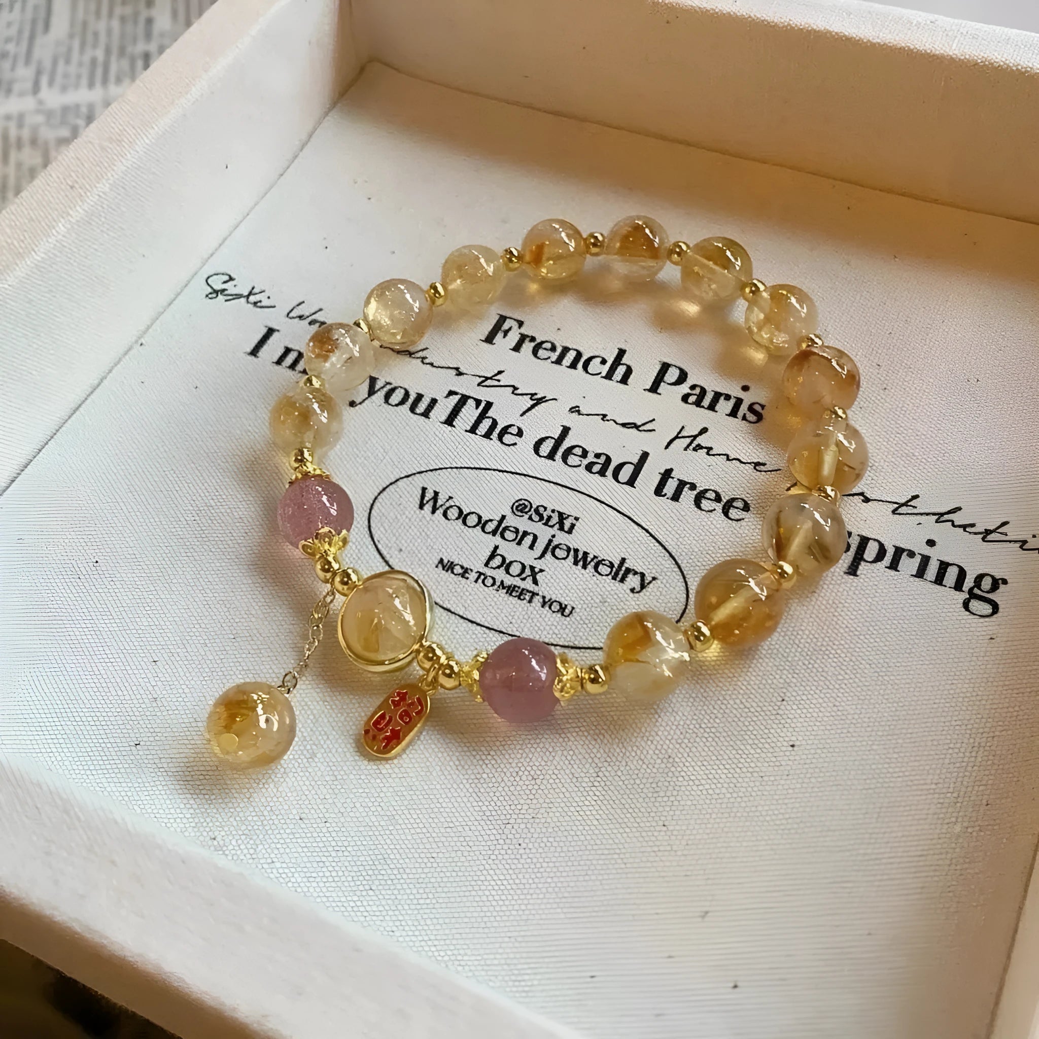Natural stone beaded mixed stitching bracelet with 10mm gold foil and pink agate beads, flower style