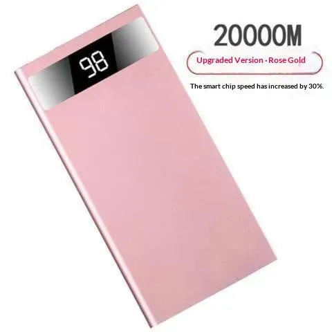 Ultra-thin 20000mAh alloy power bank in Aurora Silver with USB cable, showing power display