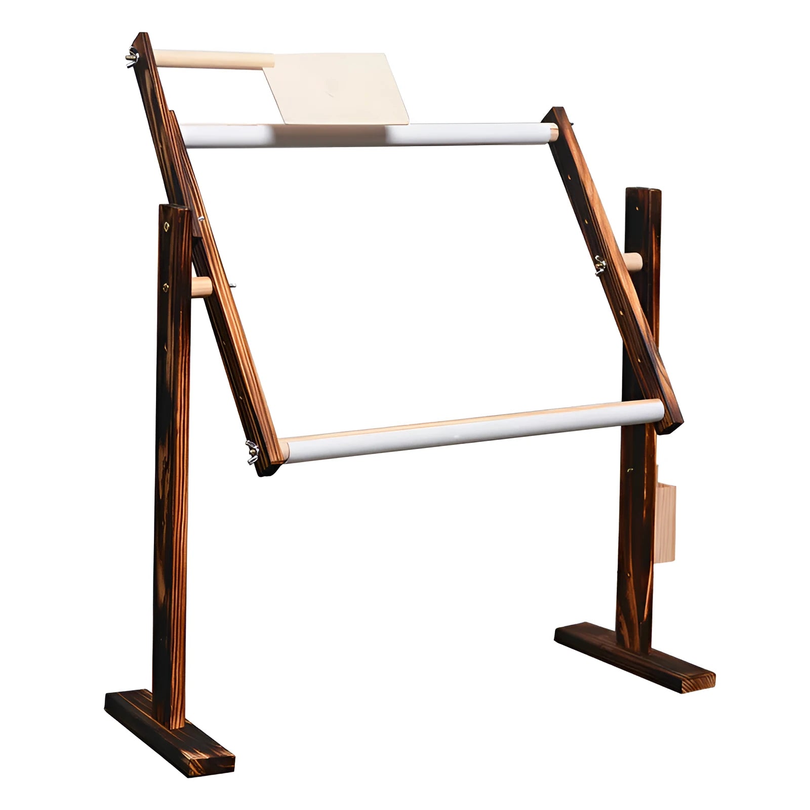 Vertical adjustable solid wood cross stitch embroidery frame in natural log colour on a desktop.