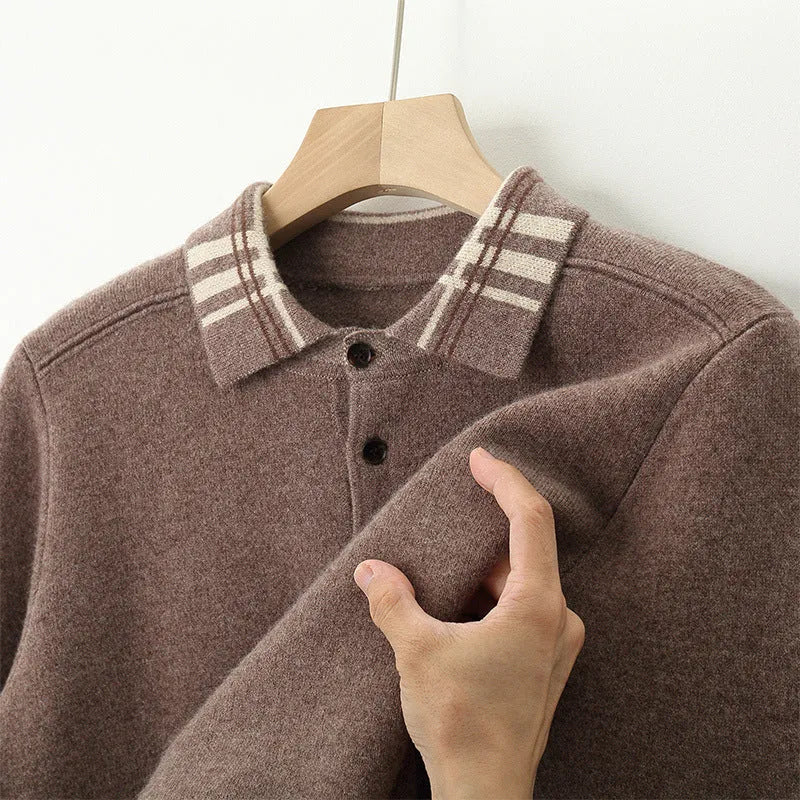 Men's cashmere loose fit pullover in coffee colour with jacquard knit and lapel collar