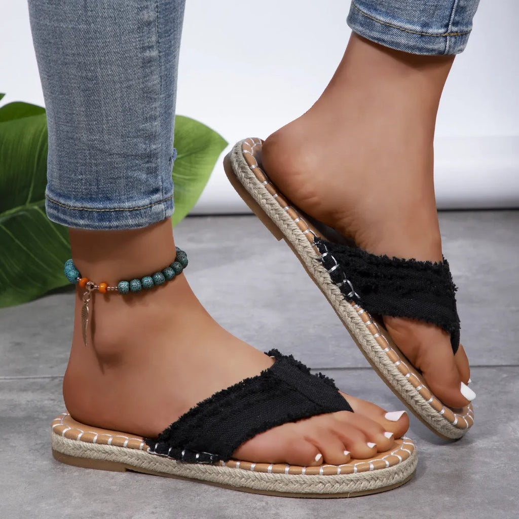 Canvas flip flops thong sandals for women in blue with flat sole