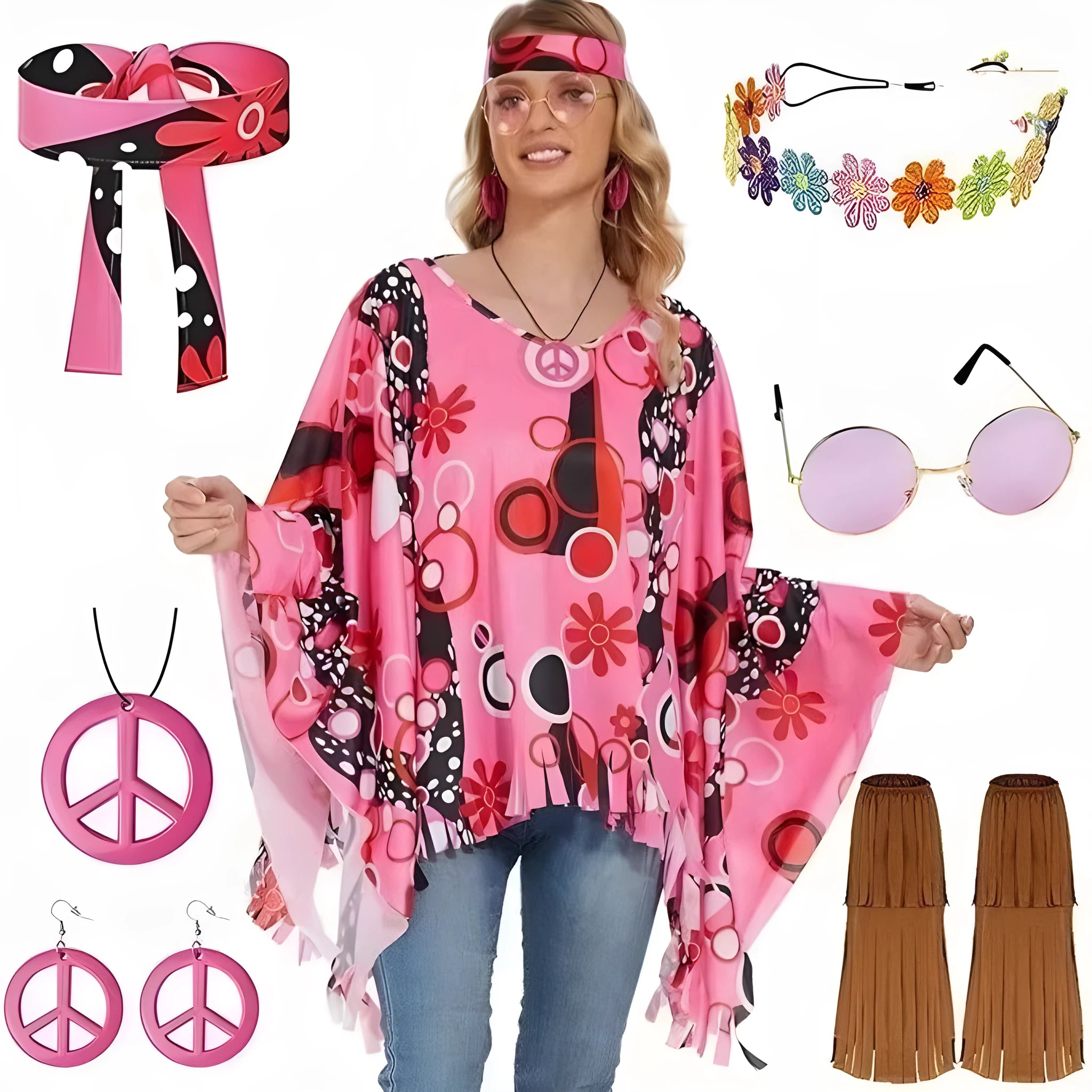 Colourful tie dye spandex cloak costume with voluminous bell sleeves for Halloween.