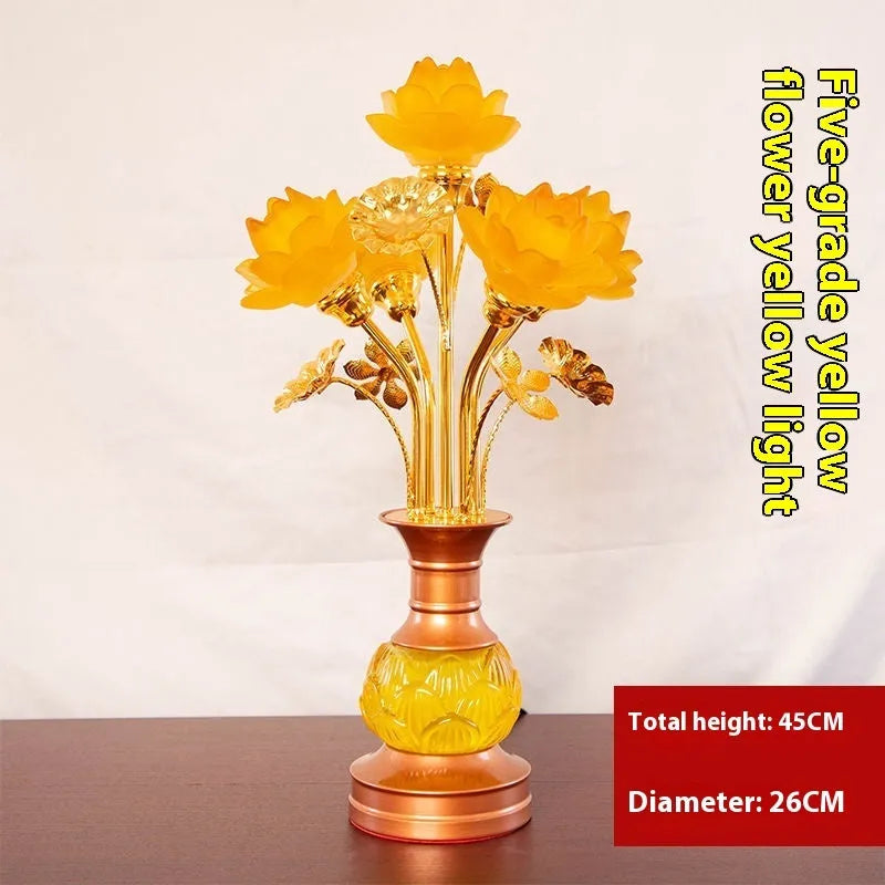 Colored glaze lotus lantern with alloy base, pink floral petals, and LED light for temple worship