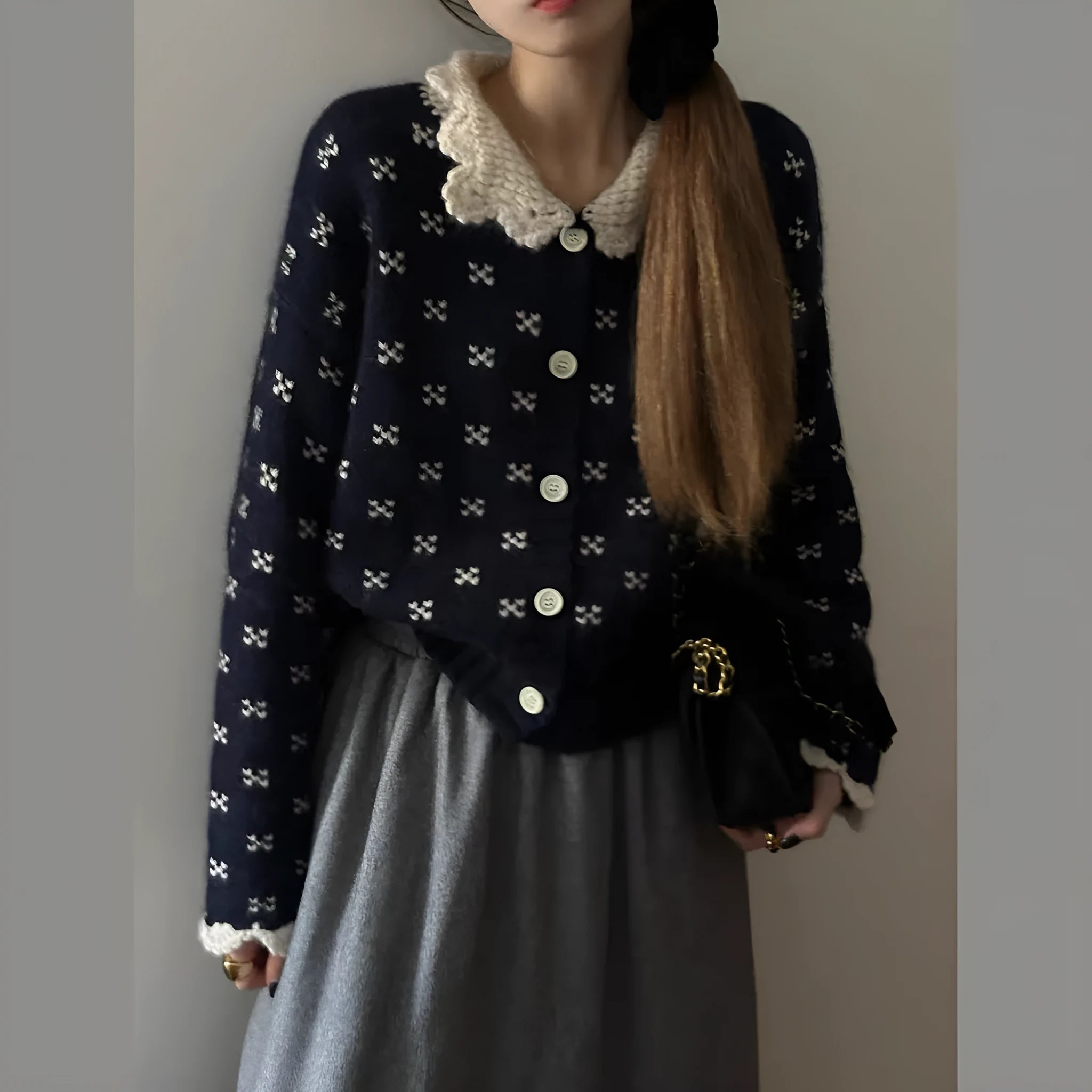 Retro Peter Pan collar knitted cardigan coat with floral pattern in cashmere blend fabric