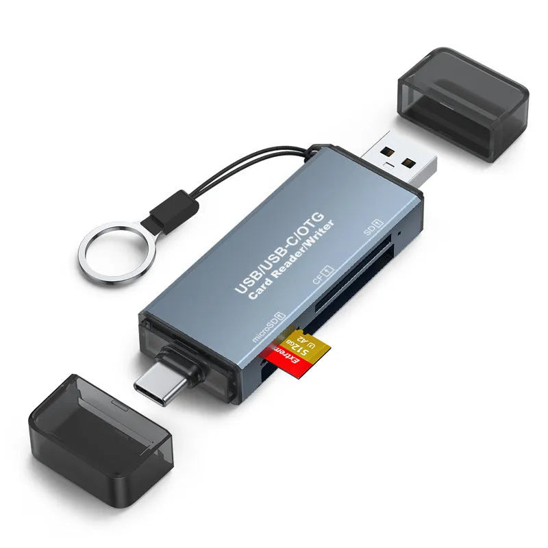 Compact aluminium USB card reader for CF, SD, and TF memory cards on a desk.