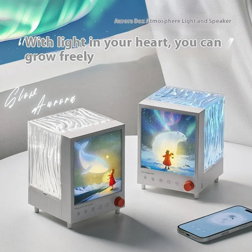 Aurora Treasure Box atmosphere projection lamp with Bluetooth speaker showing Star Sea Whale light colour and compact design