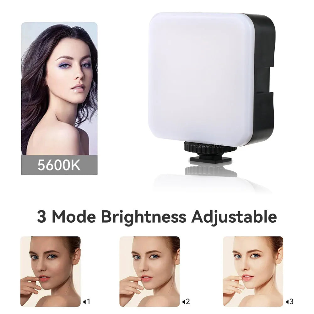 Universal LED mini square camera flash with rotatable head on a tripod stand.