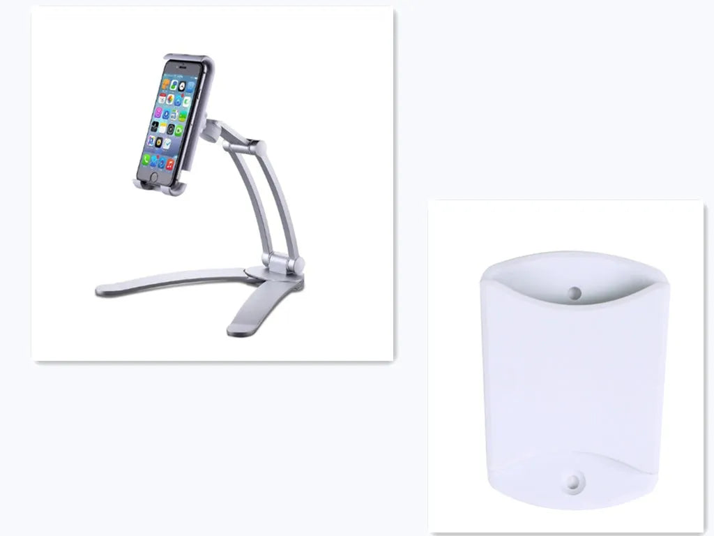 Silver aluminium desktop tablet stand with adjustable angle and folding clamp holding a tablet.