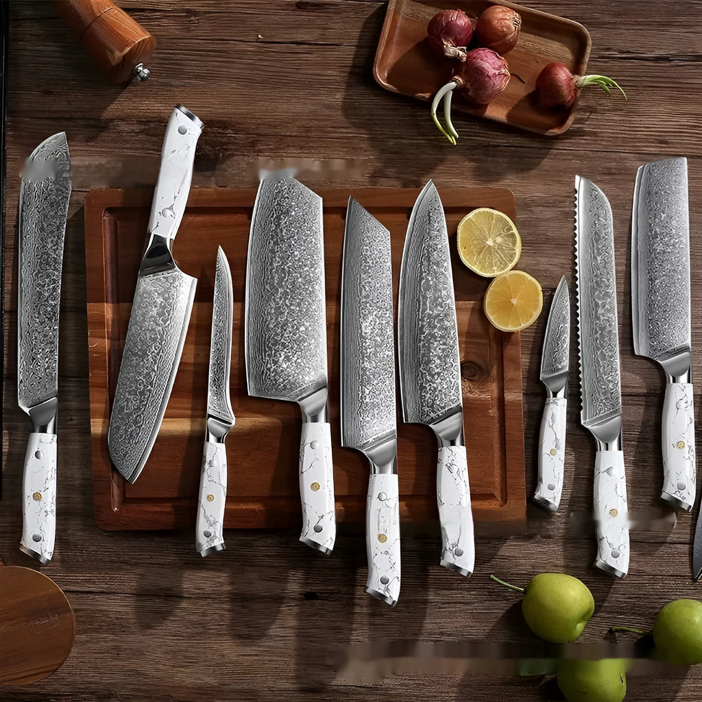 Damascus pattern chef knife with VG10 steel blade measuring 21cm, shown on a kitchen counter.