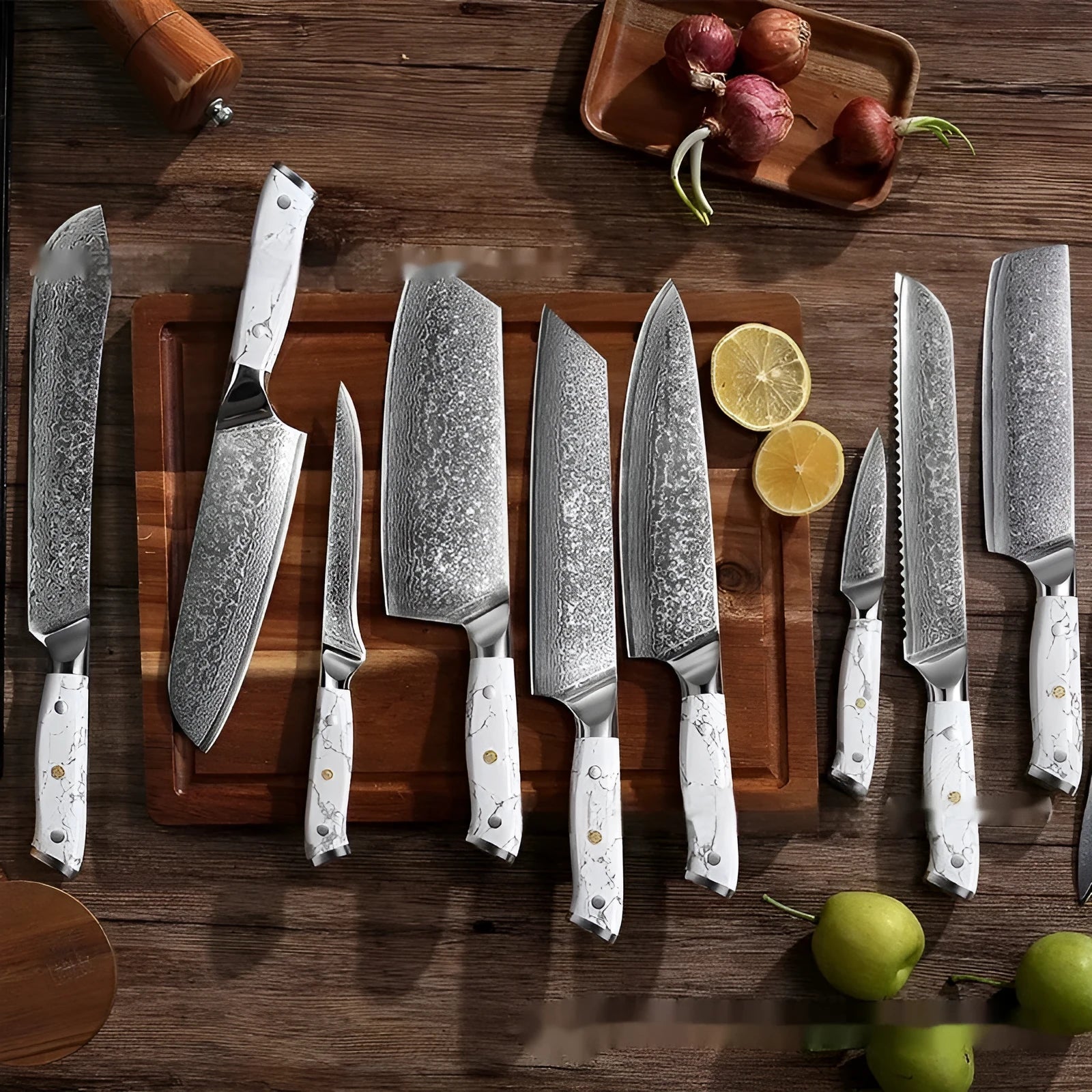 Damascus pattern chef knife with VG10 steel blade measuring 21cm, shown on a kitchen counter.