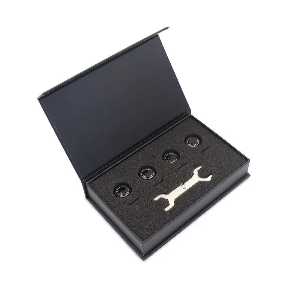 Black Bluetooth 5.0 tyre pressure monitor sensors with wrench and anti-theft screws