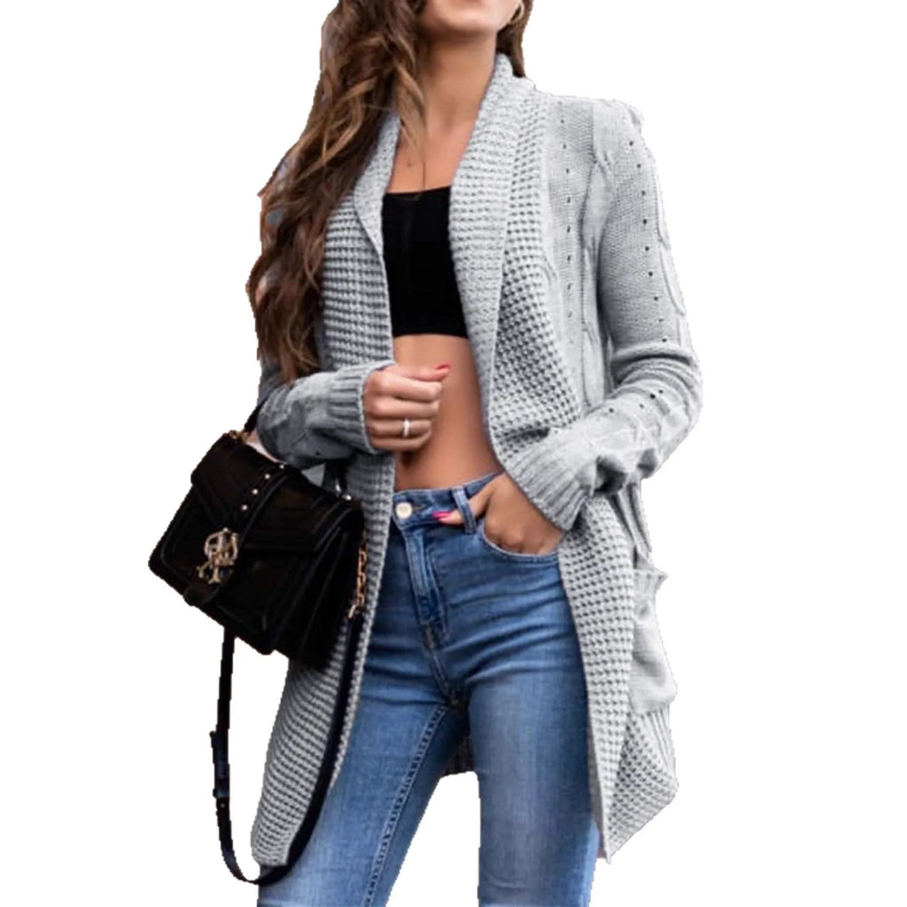 Women's grey loose fit cardigan sweater with pockets, medium length 65cm