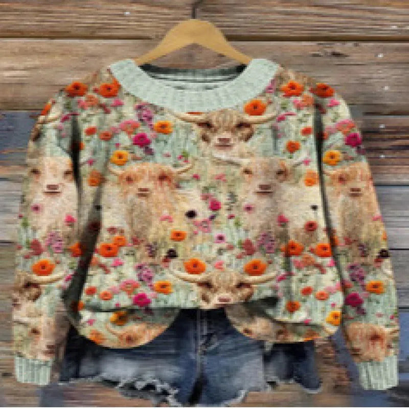 Little Flower digital printed round neck polyester sweater shown in one of twelve available colours.