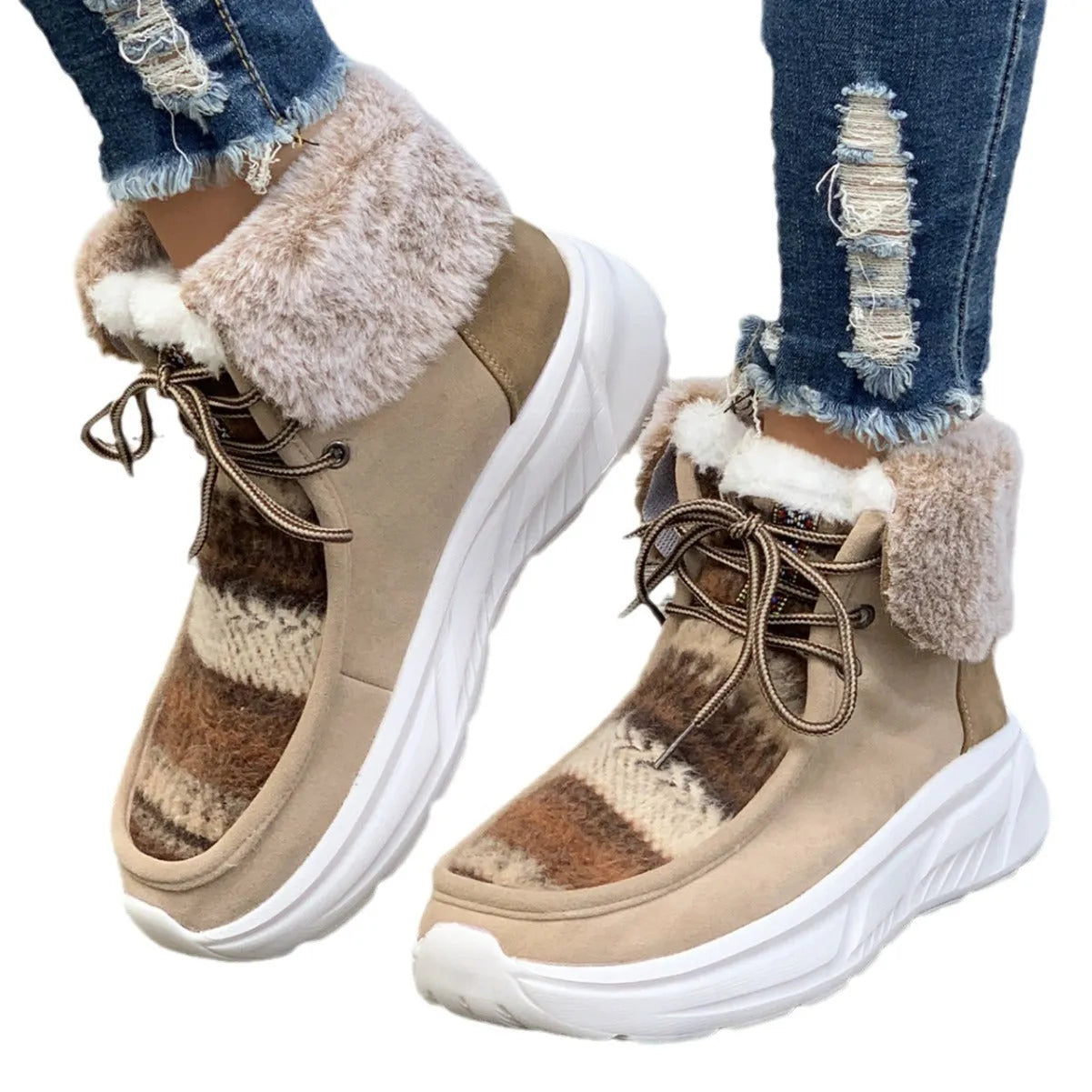 Women's lace-up snow boots with fuzzy suede upper, thermal plush lining, and thick rubber sole in beige colour